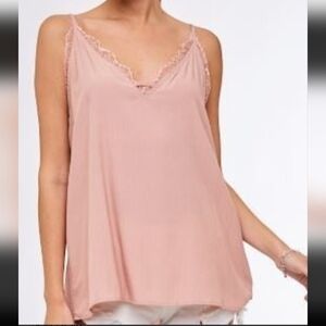 Lace Trim Pinstripe Tank Top With Adjustable Straps